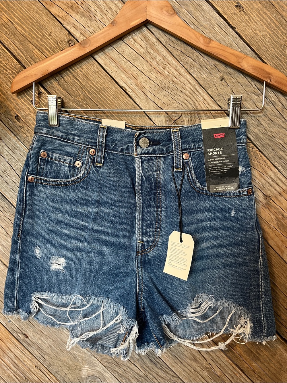 Levi's Women's Distressed Ribcage Jean Shorts in Dark Blue Wash